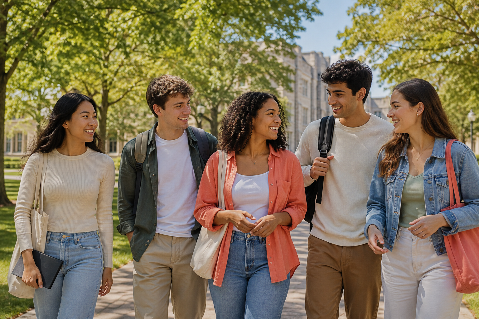 Illustration of five adult friends enjoying a walk together on a leafy campus
